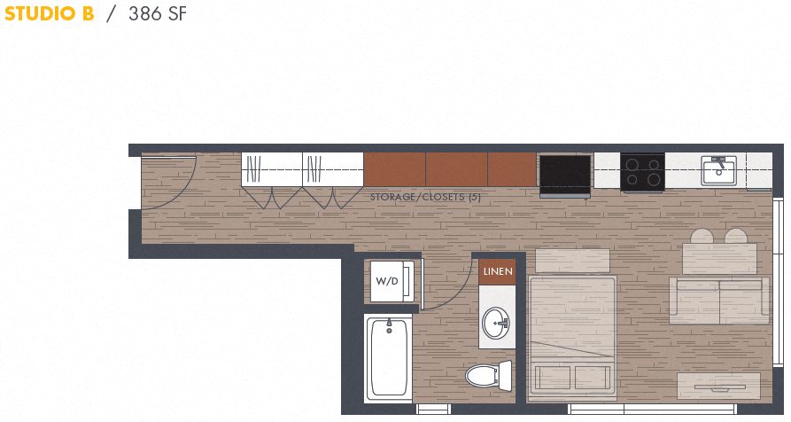 Floor plan for studio, 1 bath, 386 sqft